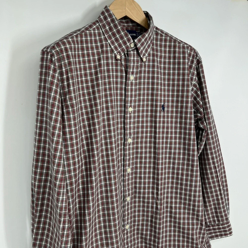 Ralph Lauren Yarmouth Mens 15.5 32/33 Tartan Plaid Button‎ Down Shirt Red Cotton